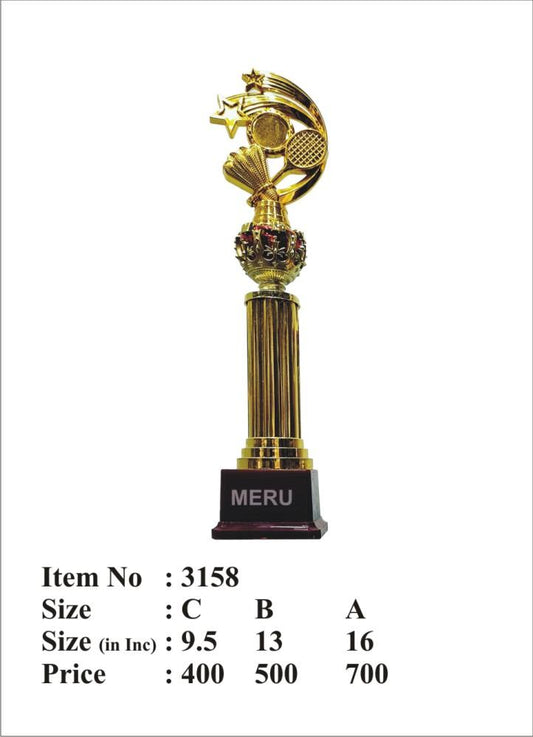 Gold badminton trophy award featuring a racket and shuttlecock; perfect for sports recognition.