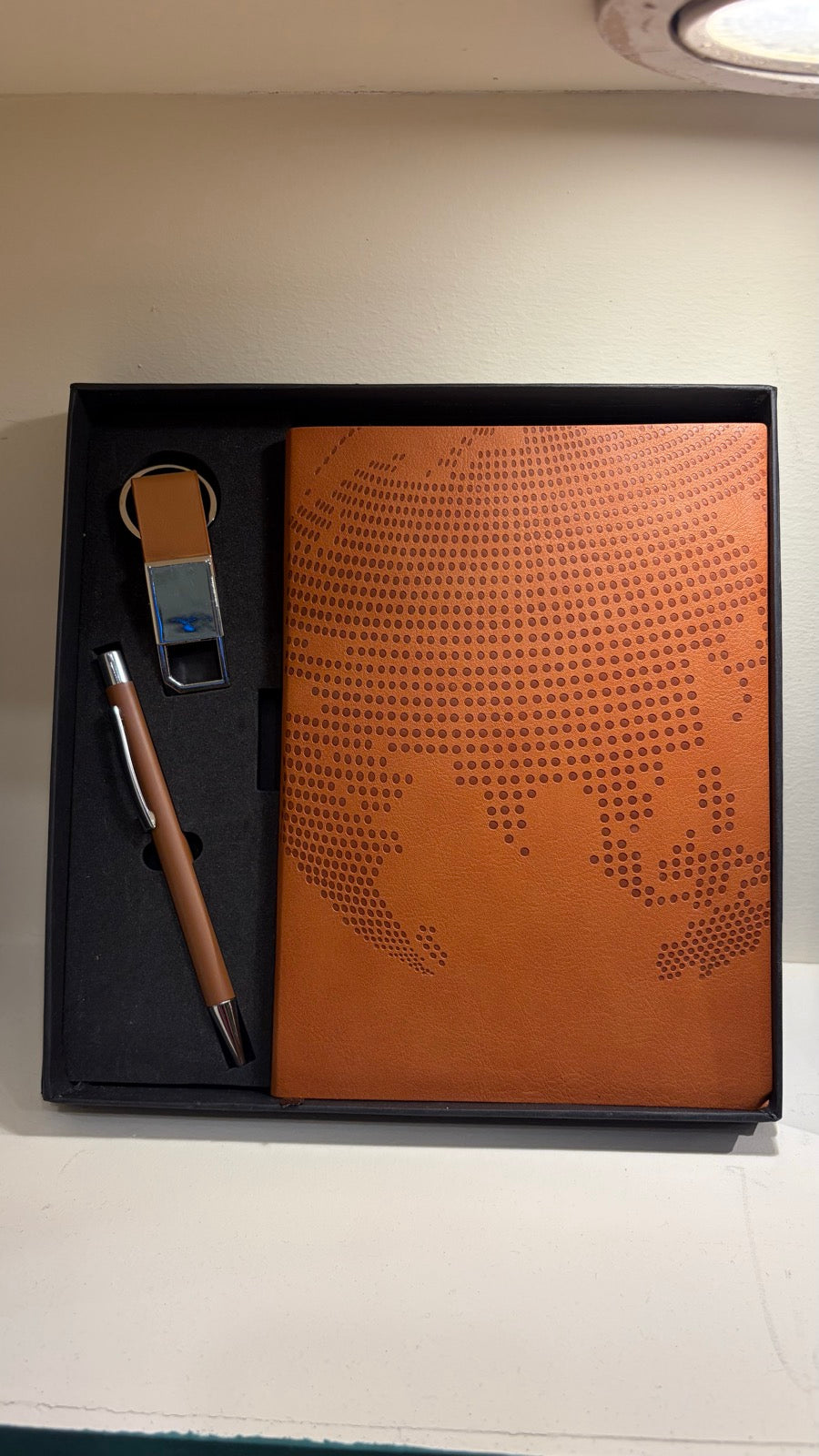 Textured Leather Diary, Pen & Card Holder Set - Tan Pattern