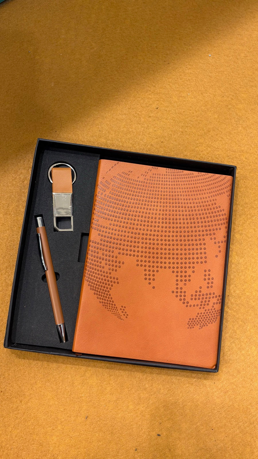 Textured Leather Diary, Pen & Card Holder Set - Tan Pattern