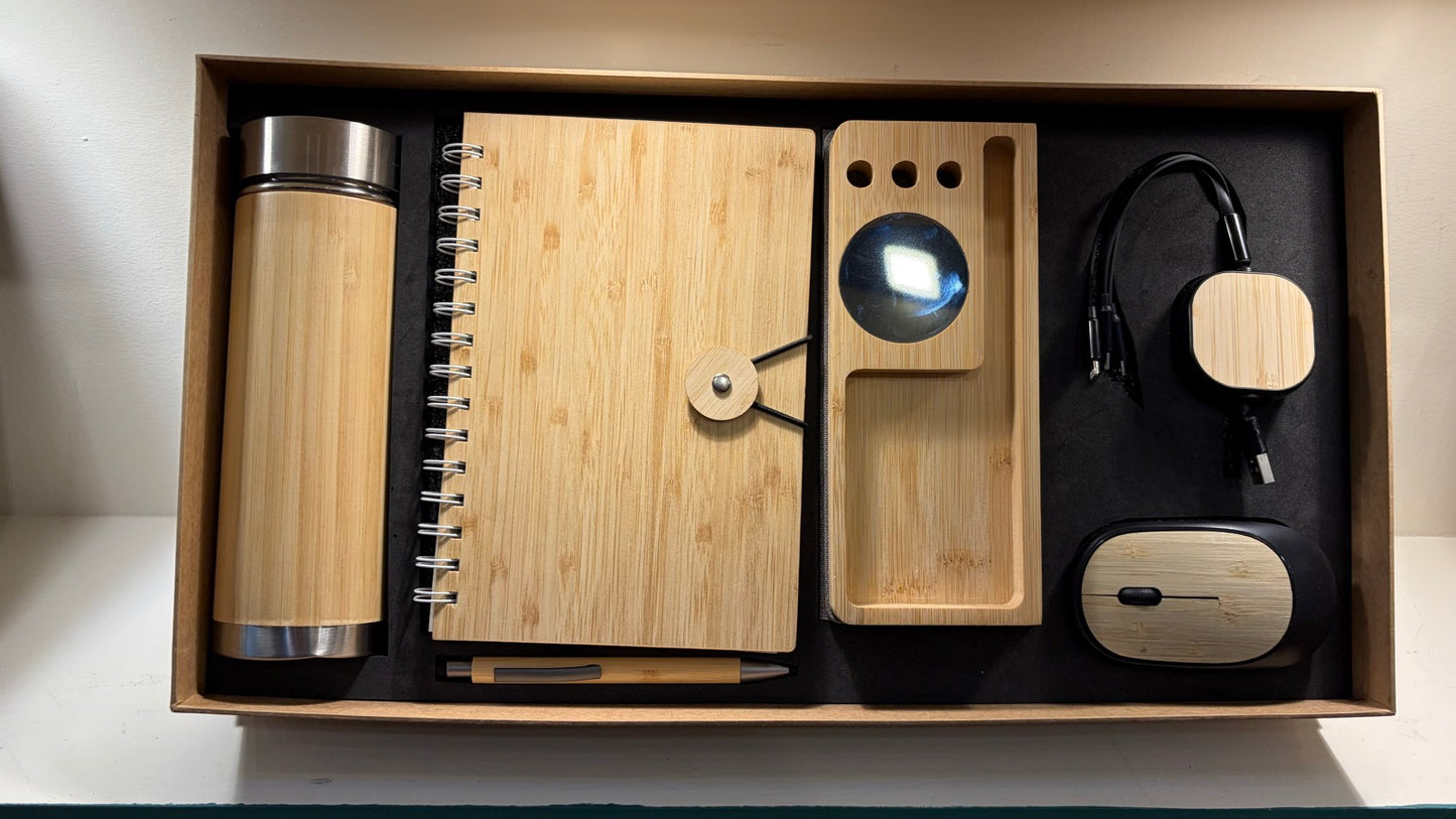 Bamboo Eco Desk Gift Set — Bottle, Notebook, Wireless Mouse & Charger
