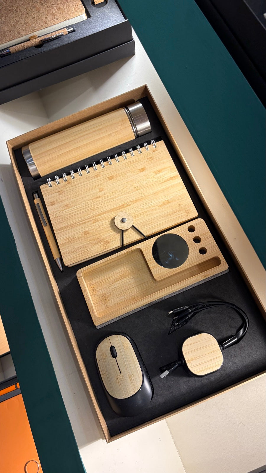 Bamboo Eco Desk Gift Set — Bottle, Notebook, Wireless Mouse & Charger