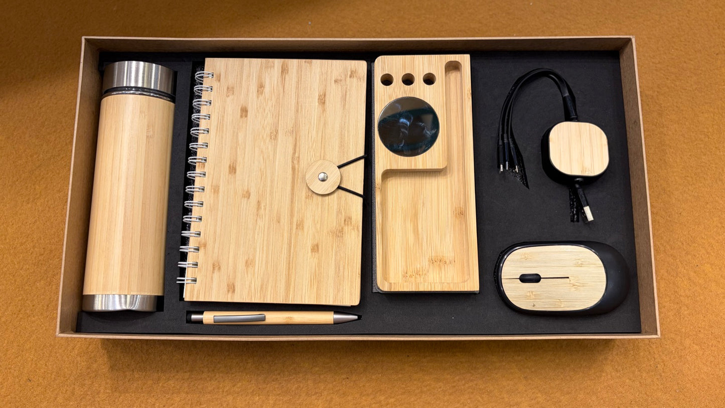 Bamboo Eco Desk Gift Set — Bottle, Notebook, Wireless Mouse & Charger