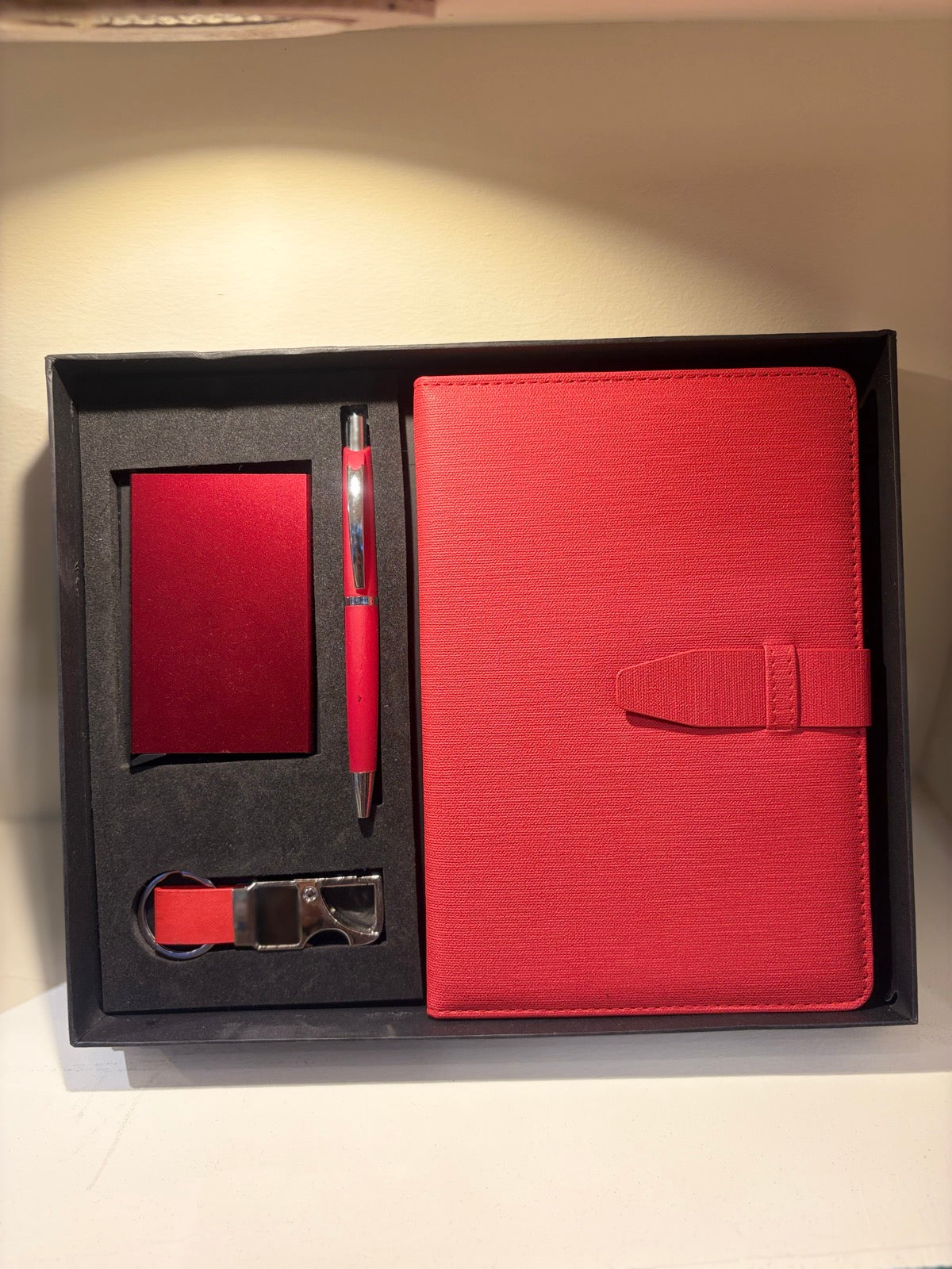 Textured Leather Diary, Pen & Card Holder Set - Red