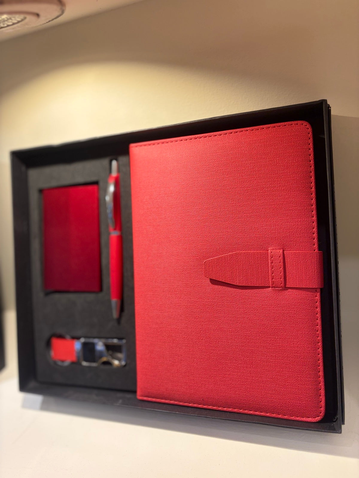 Textured Leather Diary, Pen & Card Holder Set - Red