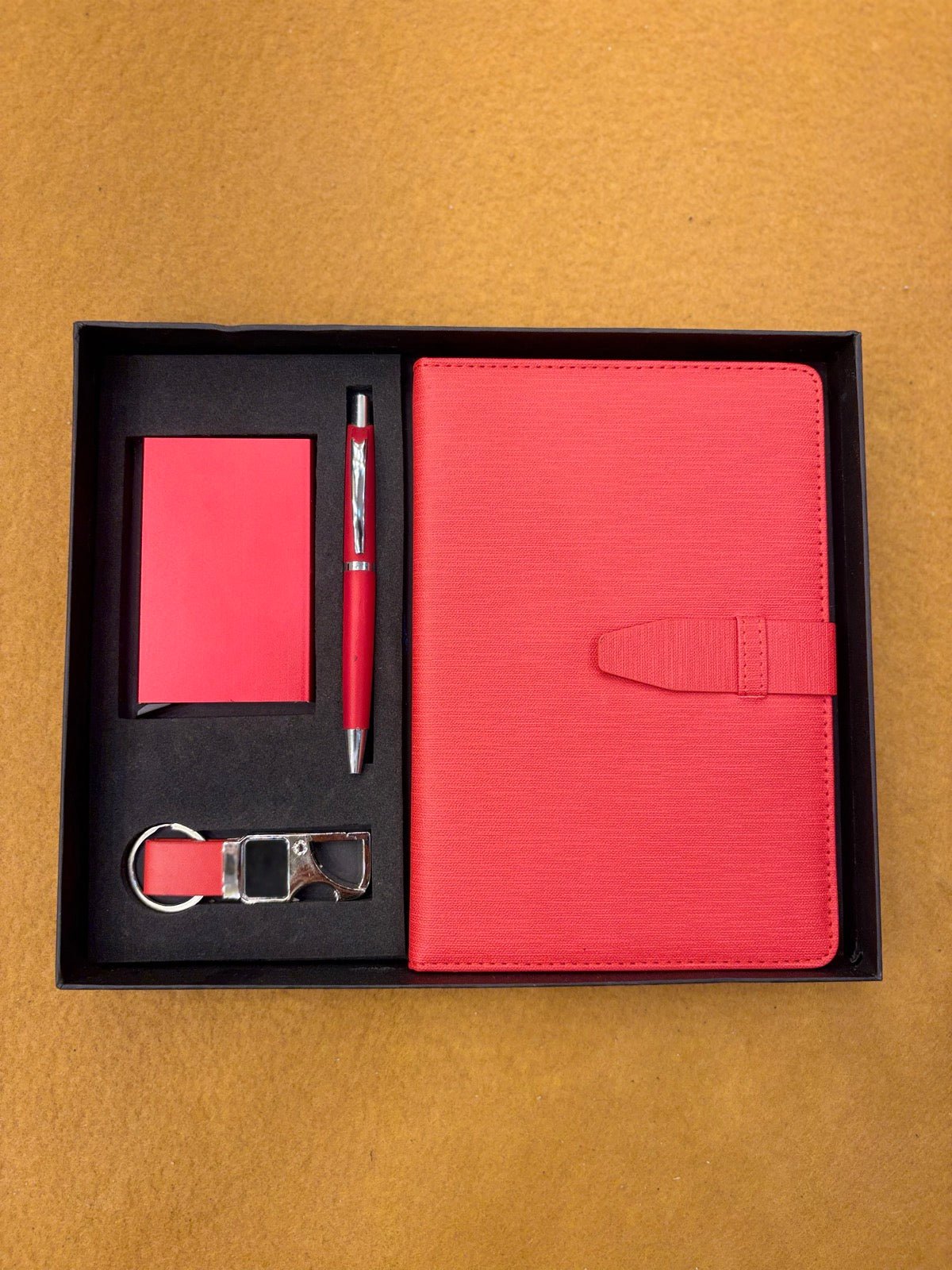 Textured Leather Diary, Pen & Card Holder Set - Red