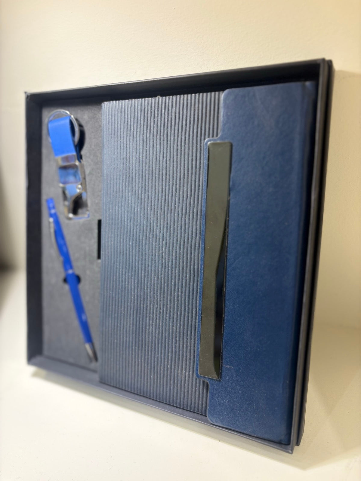 Textured Leather Diary, Pen & Card Holder Set - Blue-Grey