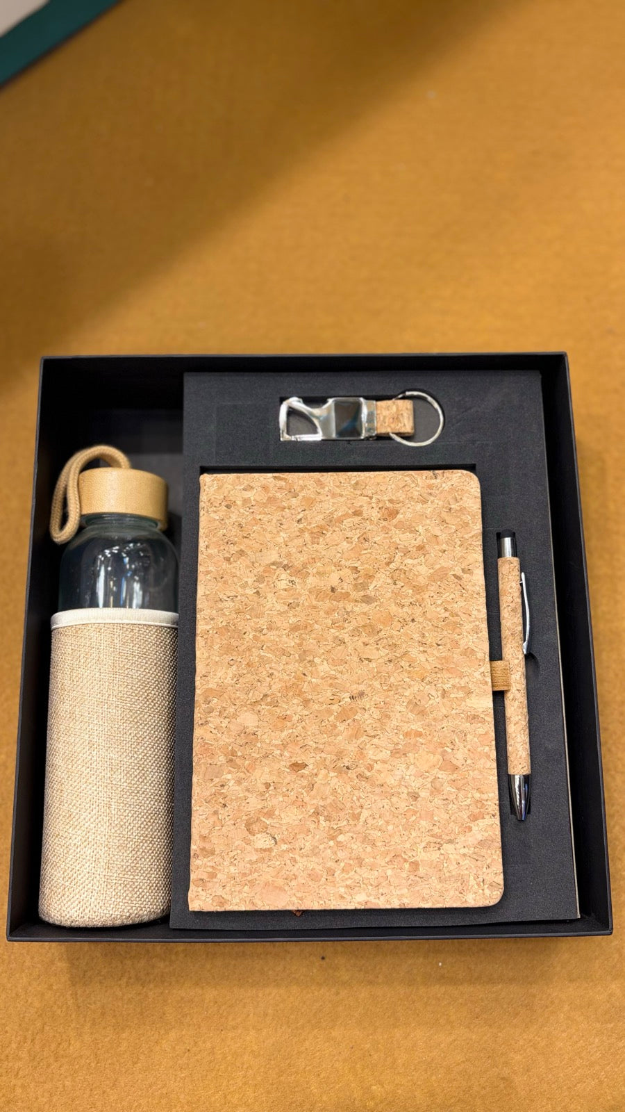 Steel Bottle, Cork Notebook & Wood Coaster Gift Set