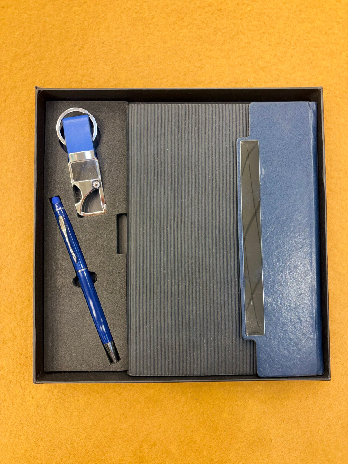 Textured Leather Diary, Pen & Card Holder Set - Blue-Grey