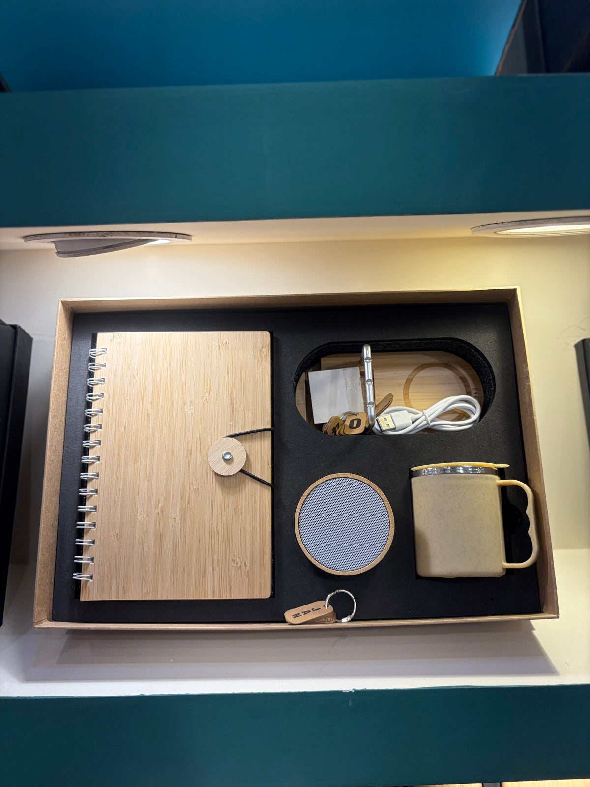 Wood Notebook, Charger & Ceramic Mug Gift Set