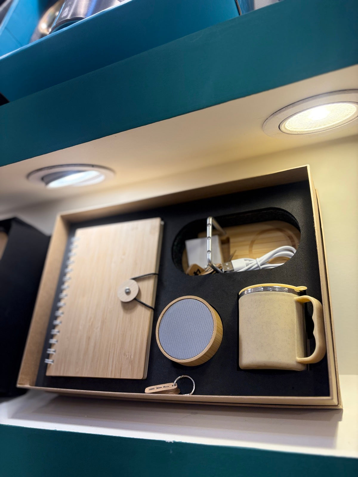 Wood Notebook, Charger & Ceramic Mug Gift Set