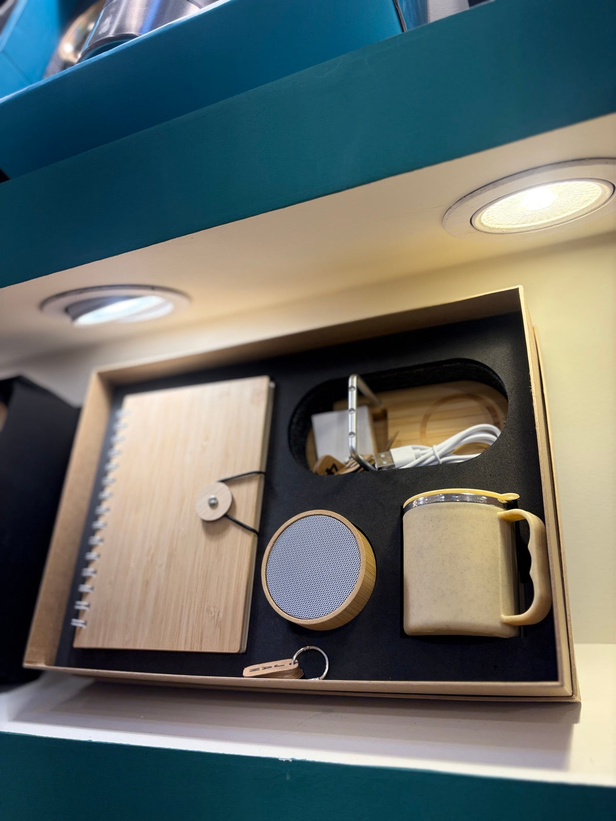 Wood Notebook, Charger & Ceramic Mug Gift Set