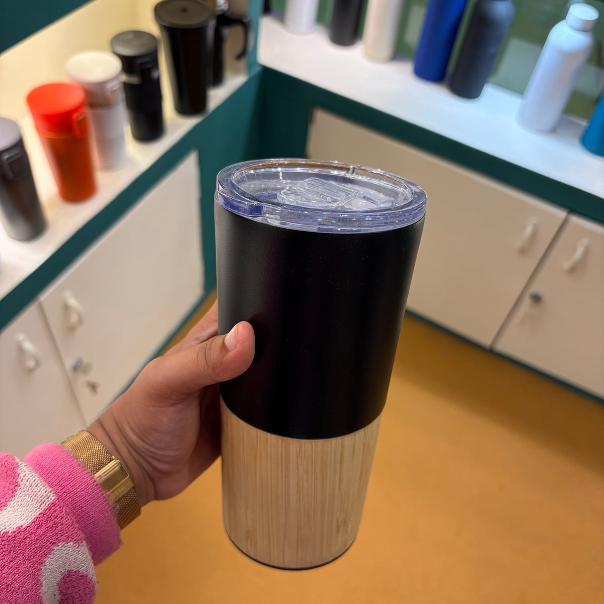 Bamboo Base Insulated Tumbler - Black - real product photo IMG_9690