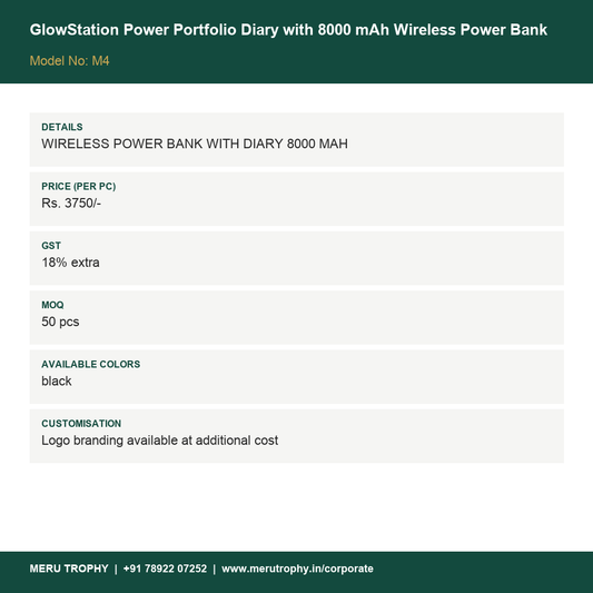 GlowStation Power Portfolio Diary with 8000 mAh Wireless Power Bank - spec card - Meru Trophy corporate gifting