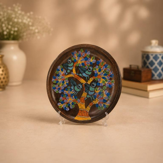 Gond Vriksha, hand-painted Gond art wooden plate