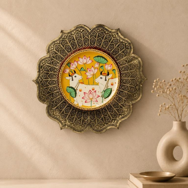 Bhavya Milaap Pichwai On Brass Art Plate, handcrafted Pichwai