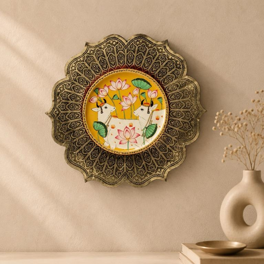 Bhavya Milaap Pichwai On Brass Art Plate, handcrafted Pichwai