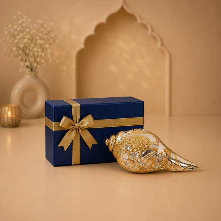 Shankhnaad gold-plated ceremonial conch shell, handcrafted resin