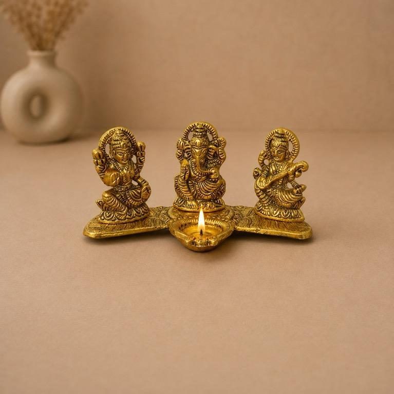 Tridev Aarti brass Lakshmi Ganesh Saraswati aarti set, handcrafted metal craft