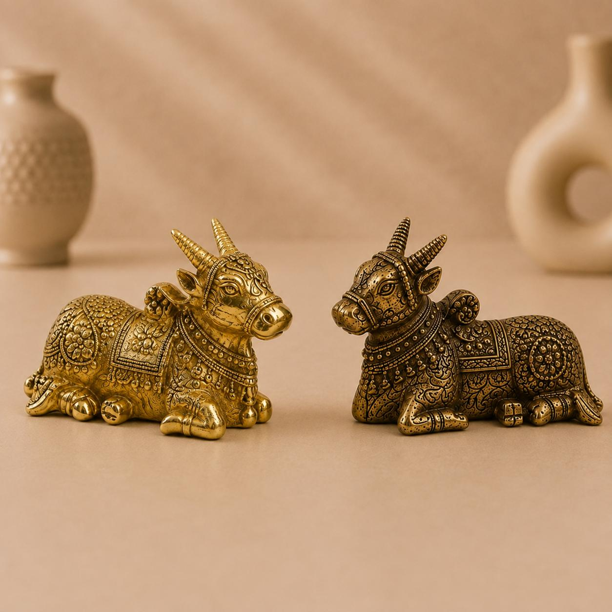 Shiv Nandi Prabha brass Nandi bull pair showpiece, handcrafted metal craft