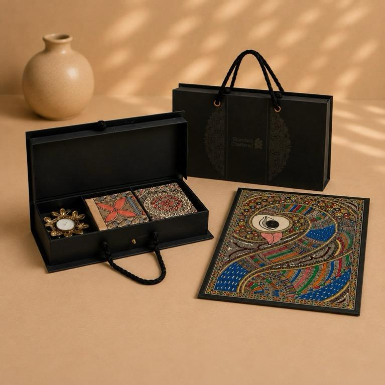 Mithila Utsav Madhubani art festive gift hamper, handcrafted Madhubani and metal crafts