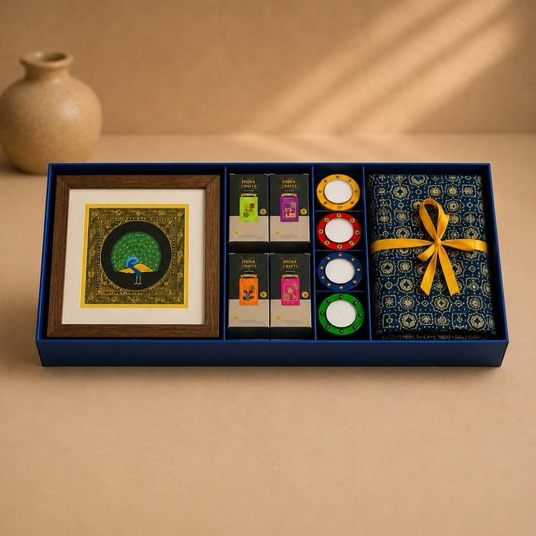 Bharat Utsav festive hamper with art frame, coffee, diya, and silk accessories