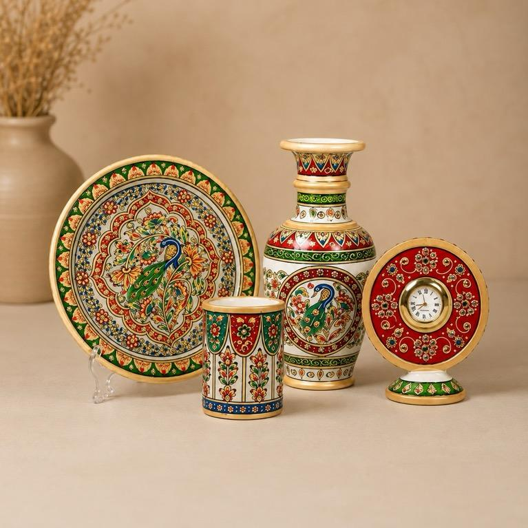 Sang-e-Meena decor set, handcrafted marble meenakari pieces