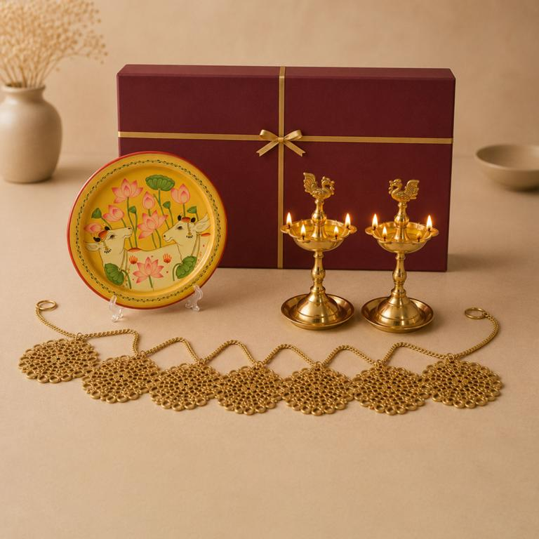 Roshni & Riwaayat hamper, handcrafted metal lamp and Pichwai art