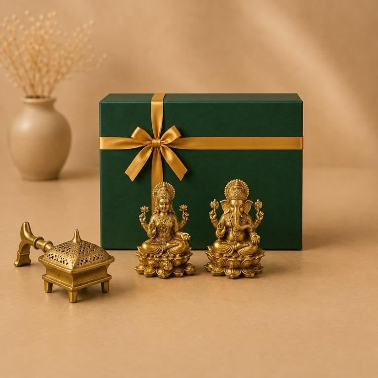 Aaradhana Sugandh puja set, handcrafted brass Laxmi Ganesha figures