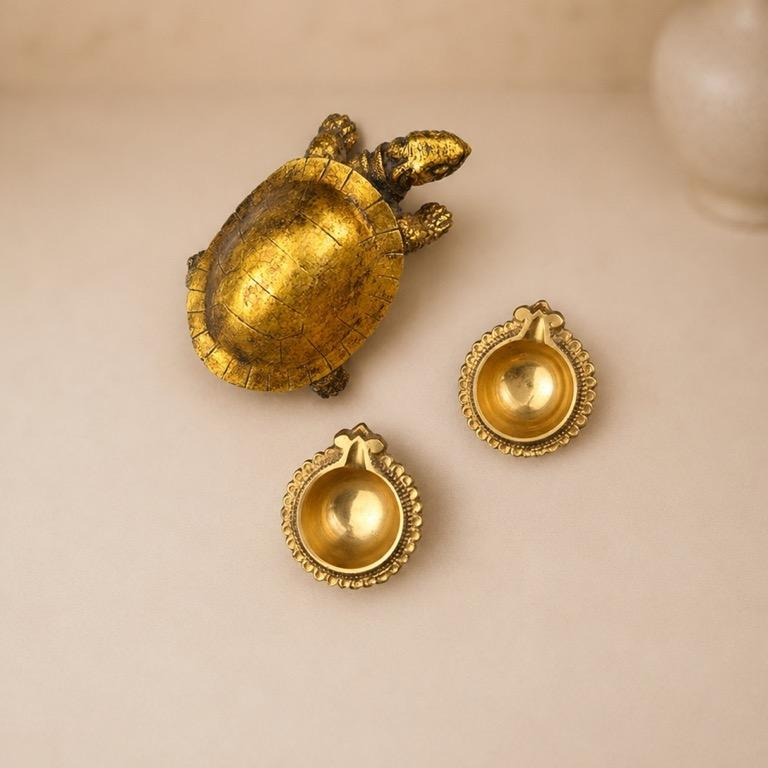 Saubhagya set, handcrafted resin tortoise figure and brass diya