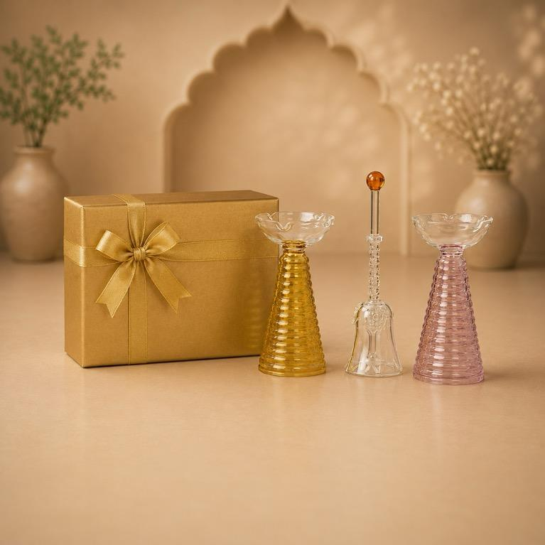Kaanch Aaradhana set, handcrafted glass diya and bell