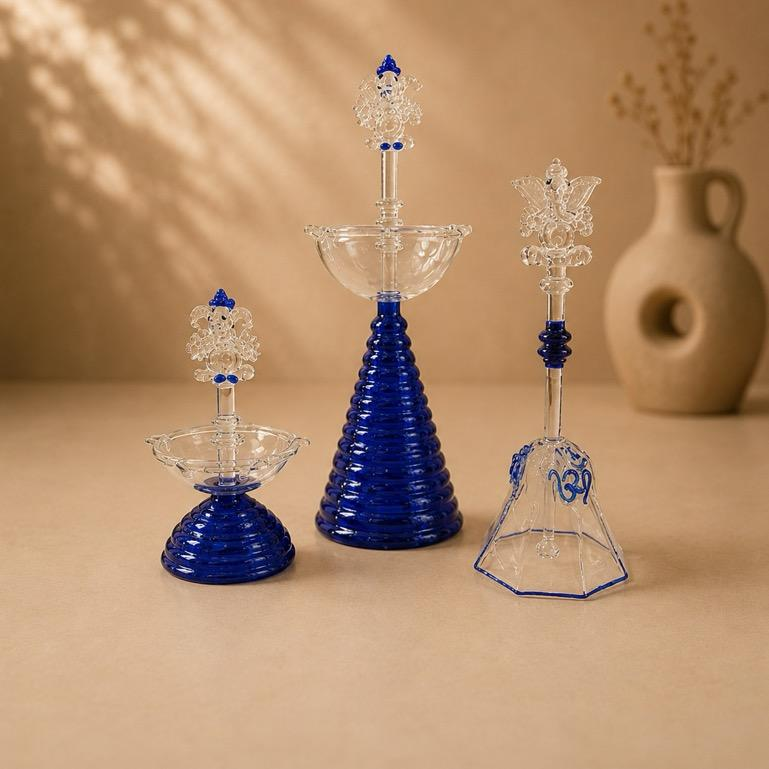 Mangal Naad set, handcrafted blue glass Ganesha idol and bell