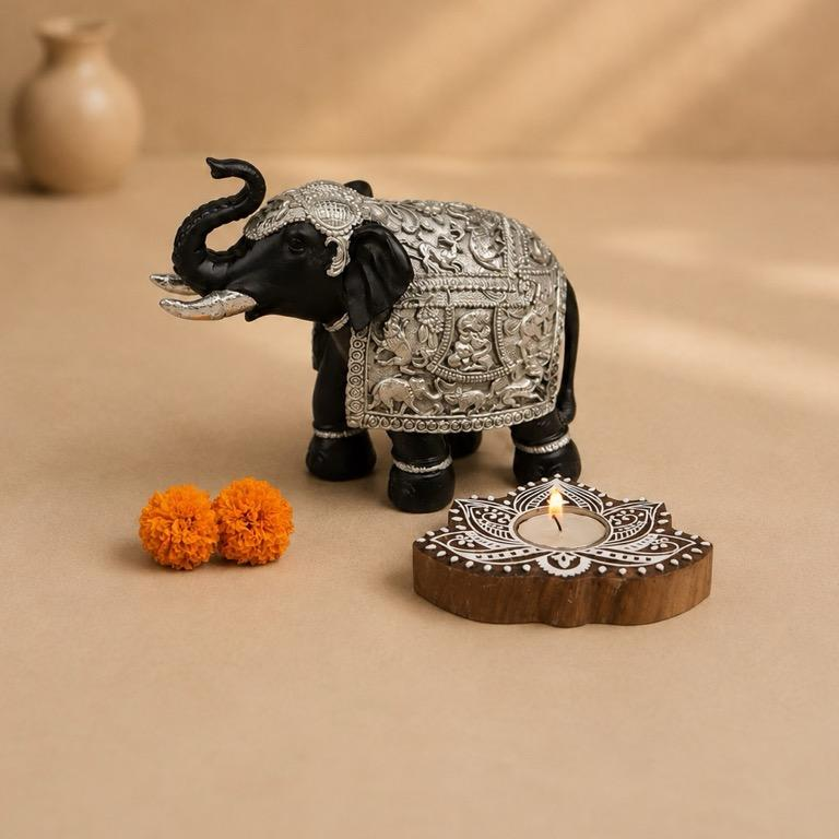 Gaja Shubh set, handcrafted resin elephant figure with wooden block diya