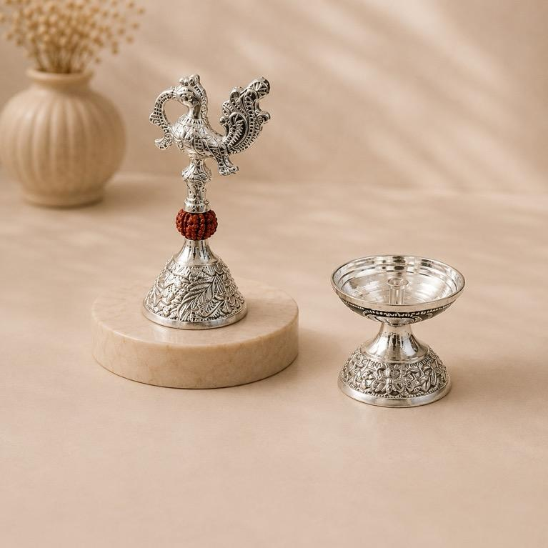 Mayur Naad diya stand, handcrafted peacock silver-finish metal stand