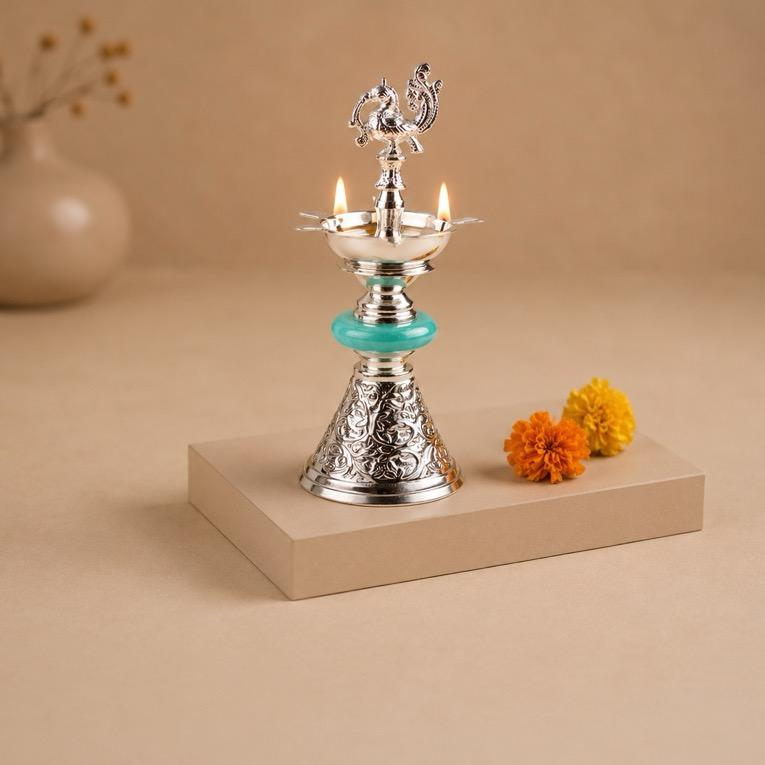 Archana metal diya lamp with jade ring, set of two, handcrafted