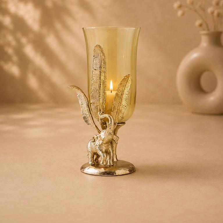 Gaja Vana Deep elephant hurricane candle holder, handcrafted metal
