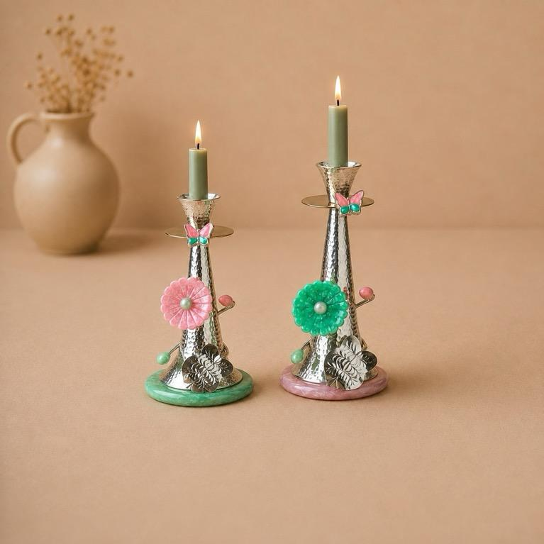 Guldaan Deep hammered metal candlestick pair, handcrafted