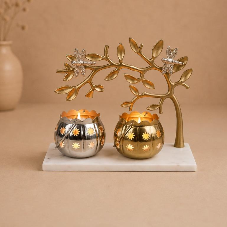 Vriksha Yugm dual metal tealight holder on marble tray, handcrafted metal craft