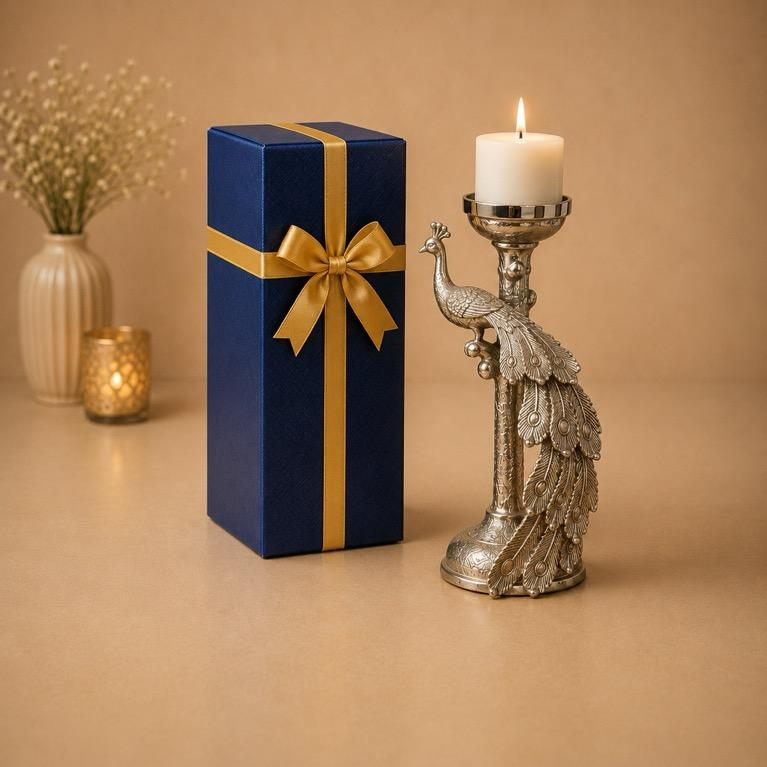 Mayura Deep silver peacock pillar candle holder, handcrafted metal craft