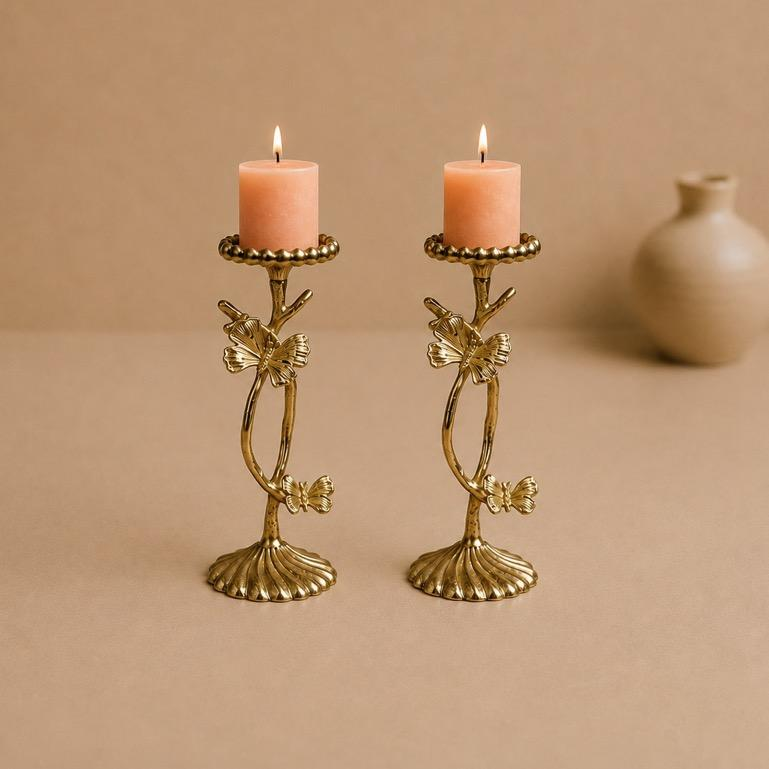 Titli Deepstambh butterfly vine candlestick pair, handcrafted metal craft