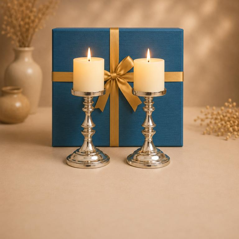 Viraasat classic silver candlestick pair, handcrafted metal craft