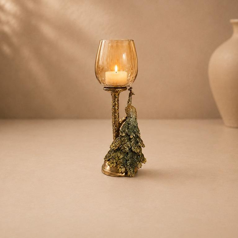 Mayur Deepstambh peacock glass candle stand, handcrafted metal craft