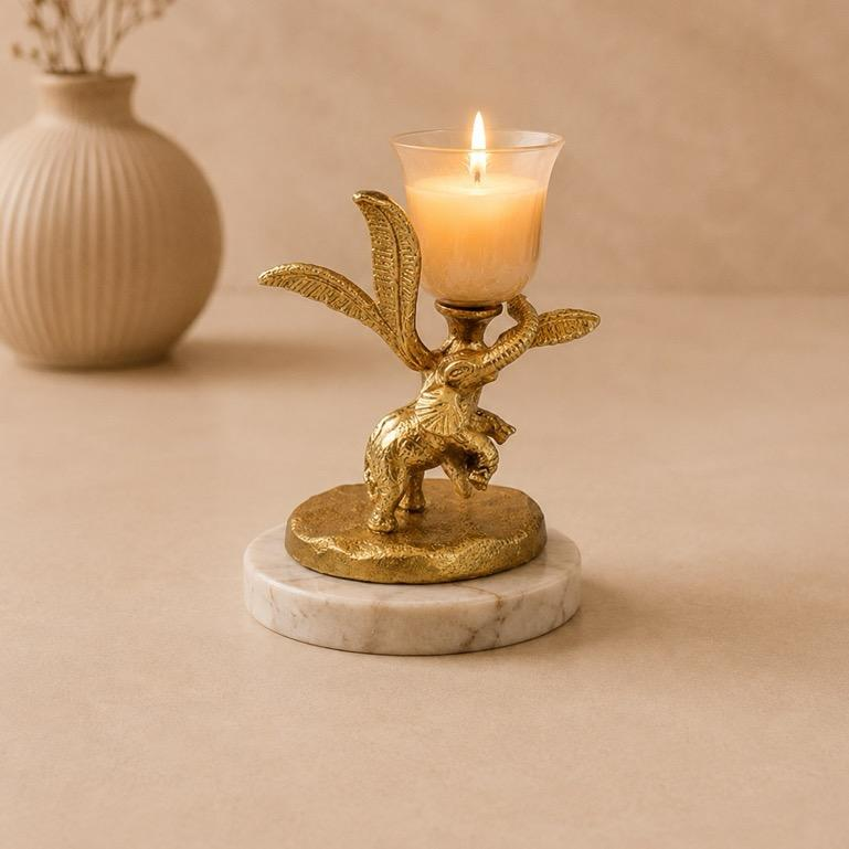 Gaja Vana Deep small elephant glass candle holder, handcrafted metal craft