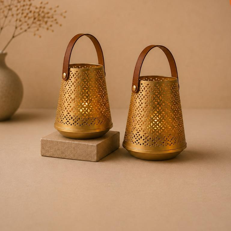 Kandeel leather-handled jaali lantern pair, handcrafted metal craft