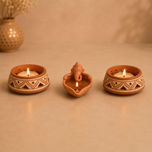 Ganapati Aangan terracotta Ganesha diya set, handcrafted Kagzi pottery