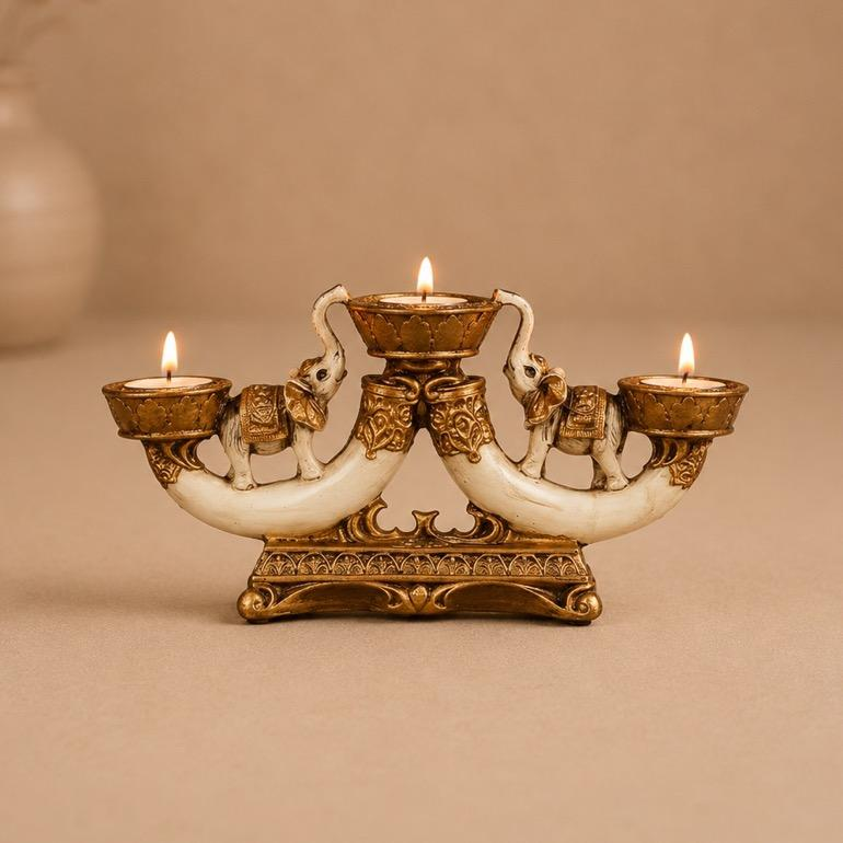 Gaja Danta twin elephant tealight holder, handcrafted resin
