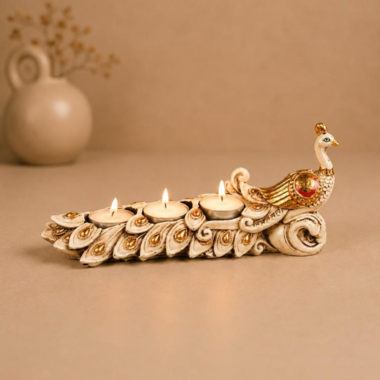 Shwet Mayur ivory peacock tealight runner, handcrafted resin