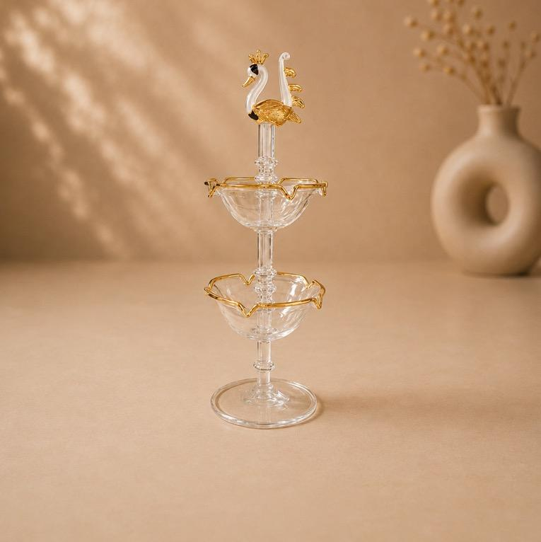 Kaanch Rekha tiered glass swan stand, handcrafted glassware
