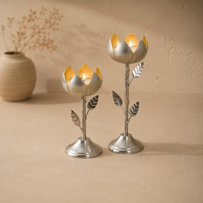Padmini lotus bloom candle stand pair, handcrafted metal craft