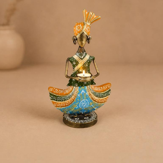 Banjara painted metal folk figurine tealight holder, handcrafted metal craft