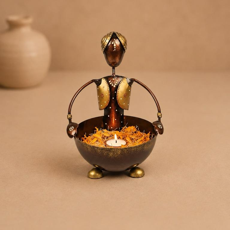 Aashish Folk Figurine Bowl Tealight Holder, handcrafted metal craft